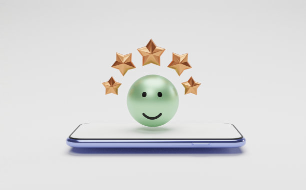 智能手机上逼真的五颗金星笑脸，供客户或客户通过电话应用对产品和服务进行使用后评价。三维渲染技术。图片下载