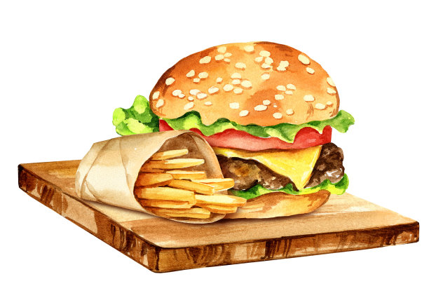 水彩汉堡，肉，洋葱，西红柿，沙拉和油炸土豆放在切菜板上图片下载