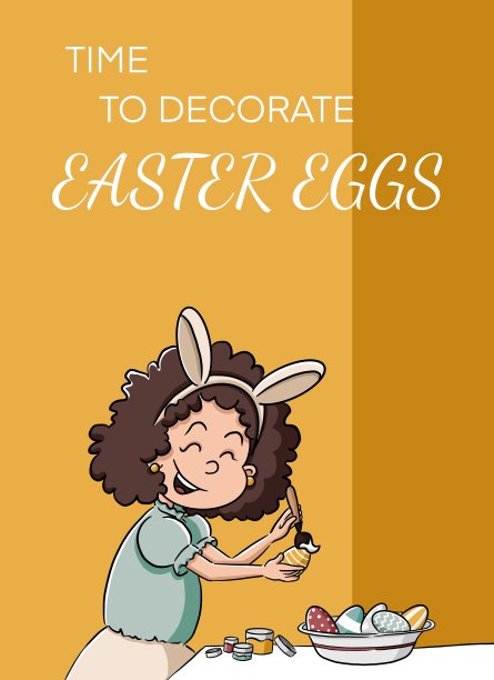 复活节垂直明信片黄色背景。带着兔子耳朵的女孩在复活节彩蛋上涂颜色。五颜六色的复活节。图片下载