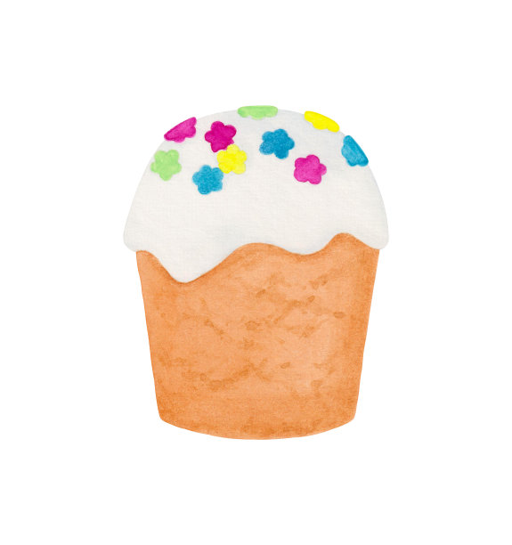 复活节纸杯蛋糕，上面撒着白色的糖霜，上面用水彩画着糖果图片下载