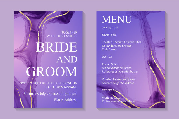 水彩背景与抽象的紫色墨波和金色线条。图片下载