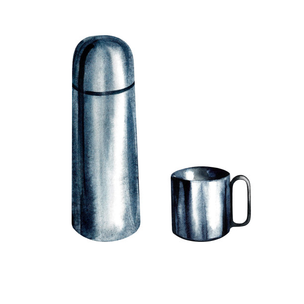 壶和杯子。野营旅游。热水。孤立在白色背景上。水彩插图。图片下载