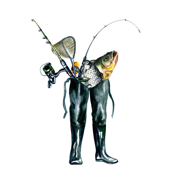 为垂钓者的构图。靴子，鱼和鱼竿水彩插图。为设计钓鱼解决方案。图片下载