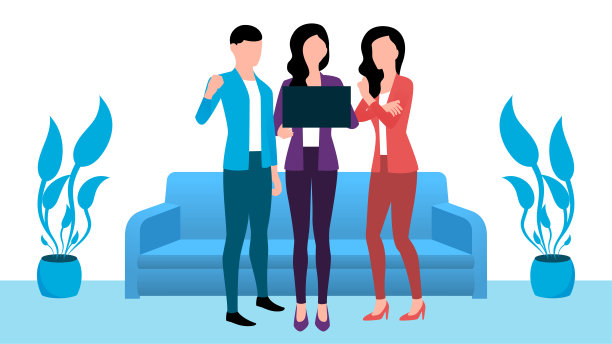 一个小组讨论，三个人带着笔记本电脑，商业角色矢量插图。图片下载