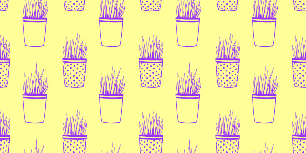 矢量无缝图案花盆与装饰草、植物。可爱的纹理卡通涂鸦风格，孤立。家居装饰的主题图片下载