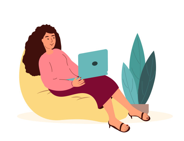 女性通过互联网使用笔记本电脑工作。在网上工作的自由IT工作者。自由职业者坐在椅子上，用电脑打字。平面矢量插图孤立在白色背景上图片下载