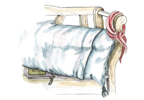 水彩蓝色枕头放在长椅上，一个舒适的地方，在白色的背景上阅读。手绘图片下载