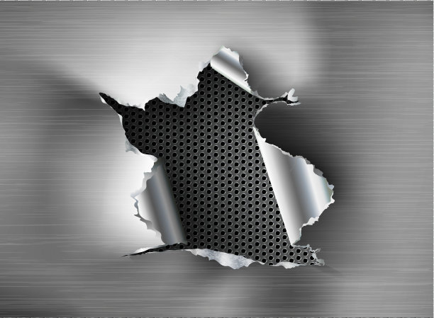 在钢铁背景上撕裂的金属上撕开的洞。矢量图图片下载