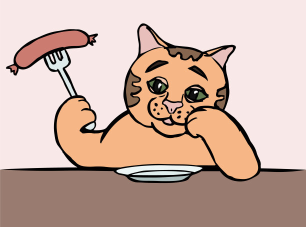 微笑的猫，叉子和香肠图片下载