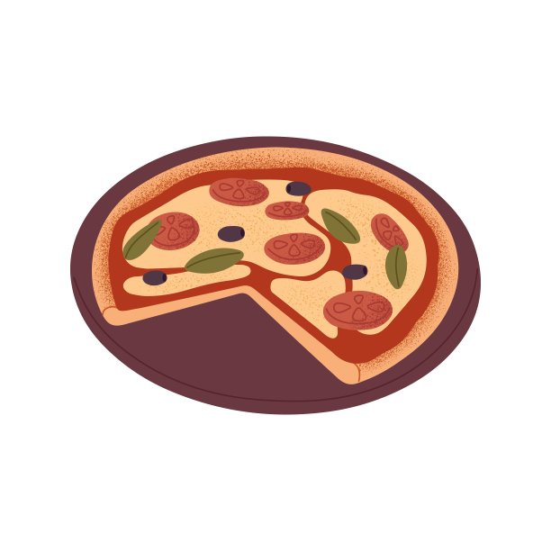 装在盘子里的意大利比萨饼。素食，配番茄，橄榄，罗勒，马苏里拉奶酪，酱汁和厚皮。平面矢量插图孤立在白色背景上。图片下载
