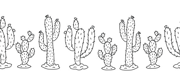 仙人掌沙漠植物无缝载体边界。蛮荒的西部边境仙人掌黑白色。重复的横向图案，美洲土著装饰版画。波西米亚纳瓦霍，印度，秘鲁，墨西哥装饰旗帜。图片下载