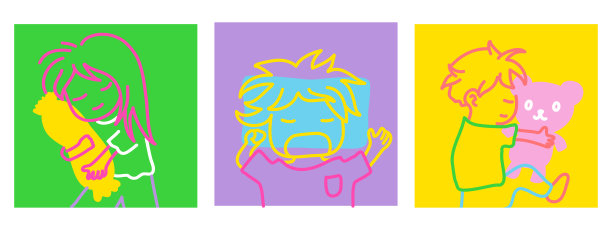 可爱的涂鸦手绘卡通套装，男孩和女孩睡得很香，枕头和泰迪熊的颜色鲜艳。图片下载