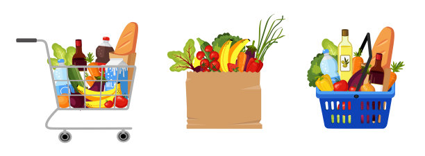 购物车，食品篮。为杂货店购物设置。图片下载