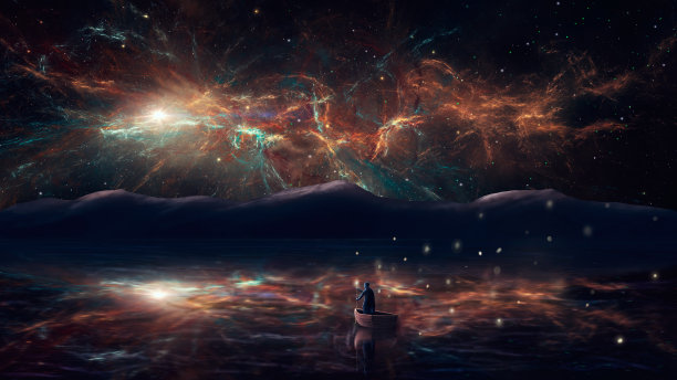 披着斗篷的人，漂浮在水面上的魔术师，水面反射着山脉和分形星云和星空。数字绘画，3D渲染图片下载