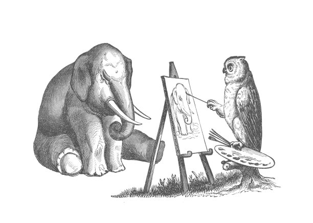 猫头鹰画大象，古董版画插画图片下载