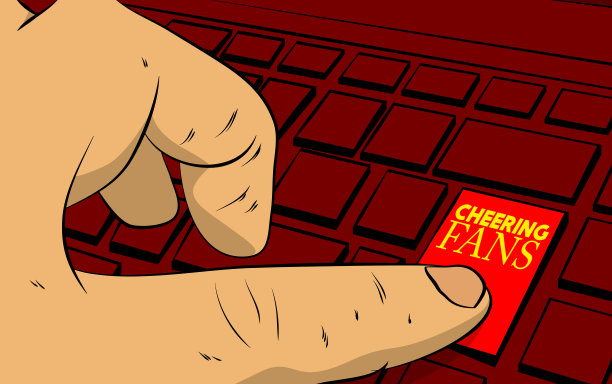 在电脑键盘上为球迷欢呼。男子按键盘上的笔记本电脑。图片下载