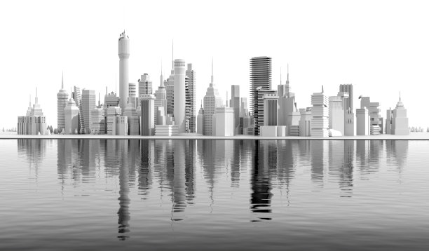 一座摩天大楼林立的现代化城市坐落在海边。办公和住宅街区，金融区和美丽的水中倒影。3D渲染插图，全景视图图片下载
