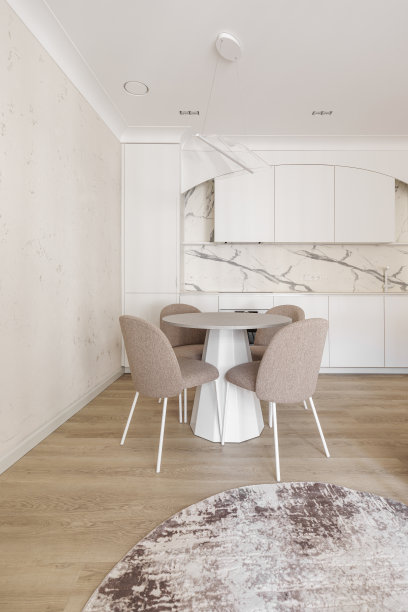 现代客厅室内柔和的颜色与圆形餐桌，米色椅子，奶油白色的厨房家具。时尚简约的室内概念图片下载