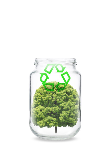 白色背景上带有绿色回收标志的罐子里的树图片下载