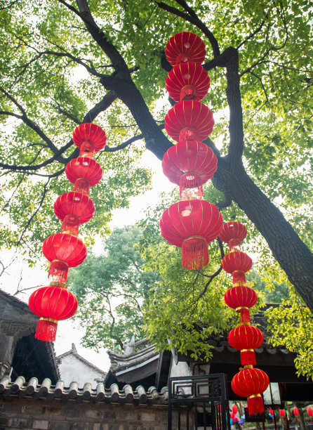 春节期间，公园里挂满了一串串的红灯笼图片下载