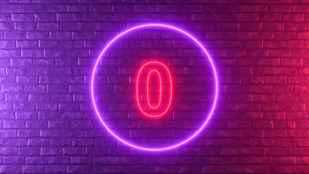 黑色砖墙上的0号霓虹灯图片下载