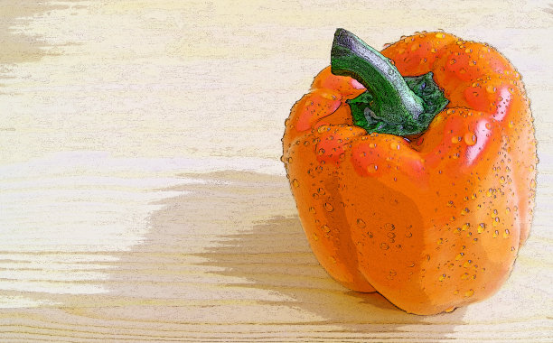 木制背景上带有水滴的橙色甜椒图片下载