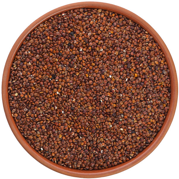 棕色陶瓷碗里的红色藜麦种子。孤立的特写照片的食物近距离从上面的白色背景。图片下载