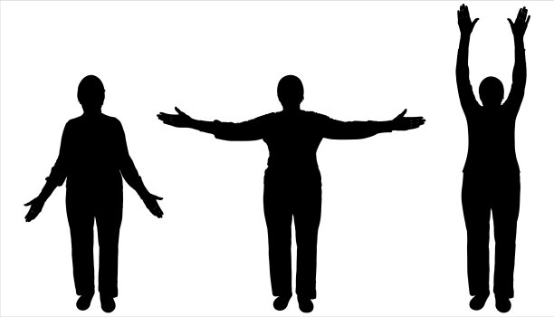 一个女人站着进行体育锻炼:手臂向下，手臂放在身体两侧，然后抬起。女人们同时举起双手。前视图。三个轮廓被孤立在白色上。图片下载