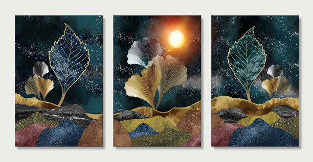 3d艺术壁画壁纸彩色背景，彩色树叶，山，金色的月亮在天空。图片下载