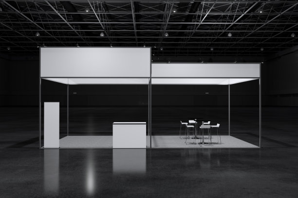 展示架，企业标识，展示设计。空的展台设计。展厅零售展台元素。展位设计贸易展。空白展位系统的图形资源。三维背景在线活动，会议，现场。3 d渲染。图片下载