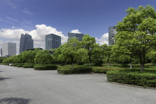 在晴朗的天空下，柏油路前矗立着现代化的城市建筑图片下载