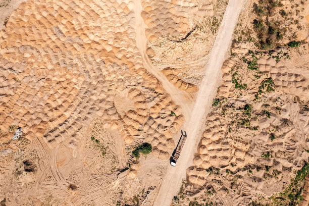 土方施工阶段，施工现场空空如也，砂土堆积。空中无人机的照片。图片下载