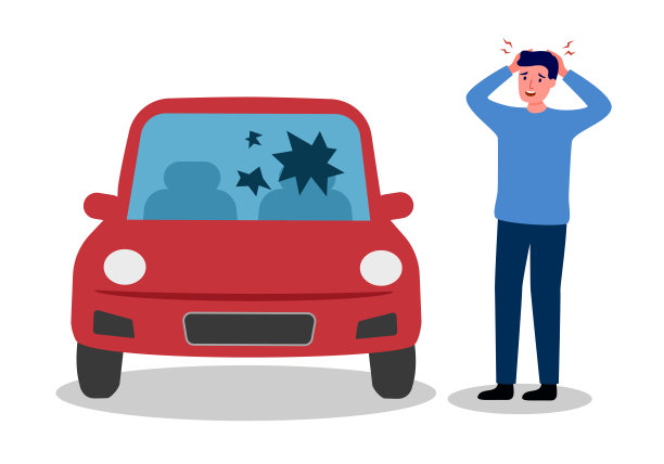 破碎的汽车挡风玻璃与震惊愤怒的司机在平面设计的白色背景。图片下载