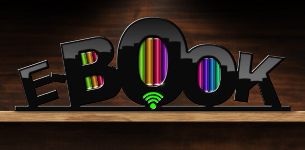 木制书架上的彩色电子书符号图片下载