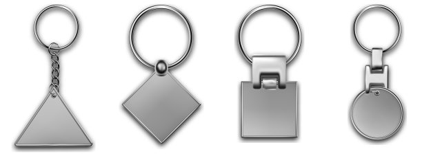 金属钥匙扣与不同的链，皮革钥匙扣，持有人小饰品与金属环钥匙。银色配件。现实的模板金属钥匙链集。空白附件用于企业标识。图片下载
