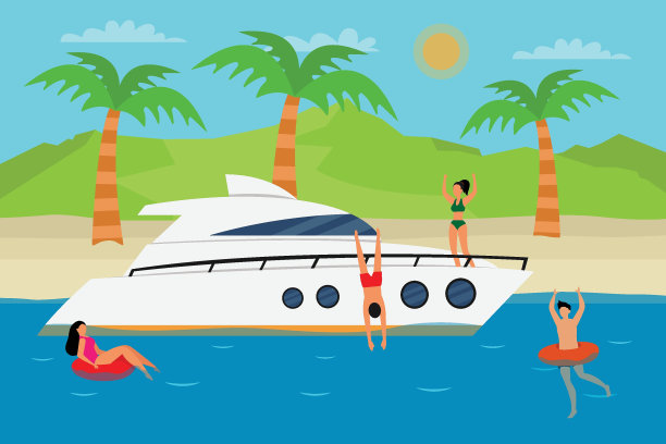 一群人在游艇附近享受暑假图片下载