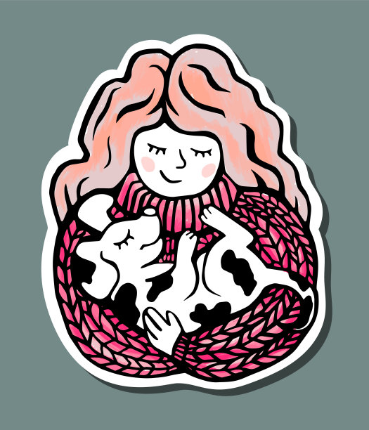 这个女孩抱着一只小狗。可爱的手绘贴纸插图。图片下载