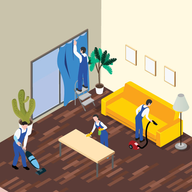 专业工人在统一清洁客厅等距3d图片下载