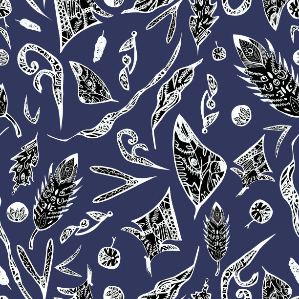 图案与叶子和羽毛，水彩黑色和白色蜡染在深蓝色的背景为您的设计图片下载