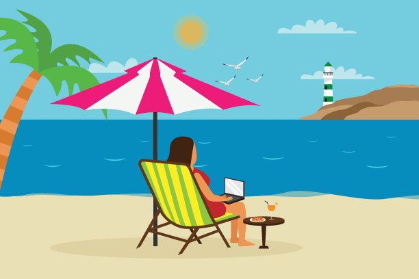 年轻女子在沙滩上用笔记本电脑图片下载