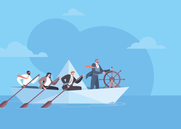 执行成功，危机管理，解决问题，团队合作或领导理念。商人控制着纸船在海洋中的航行，蓝色背景是他的团队。图片下载