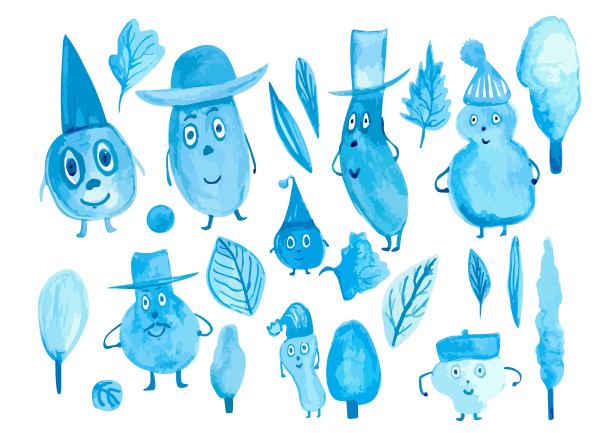 在白色的背景上设置有趣的蓝色小男人，戴着不同的帽子和孩子，树木和有羽毛的树叶，逃避现实图片下载