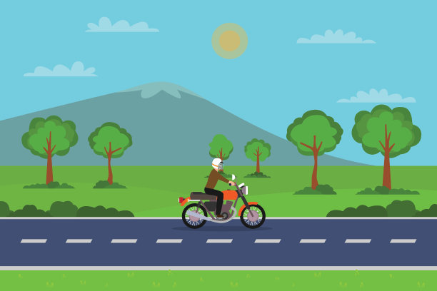 一个男人骑着一辆旧摩托车在乡间小路上图片下载