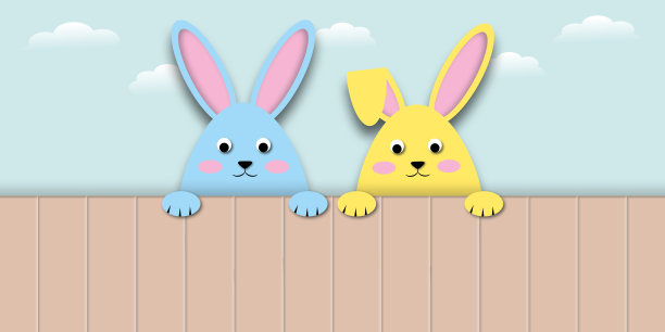 五颜六色的兔子形状像鸡蛋与木制和云彩在蓝色的天空背景。快乐复活节的节日插图贺卡。图片下载