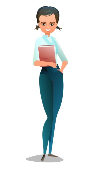 成功的女学生。站着的兴高采烈的青少年。穿白衬衫的女孩。卡通平面设计在漫画风格。单独的字符。插图孤立在白色背景上。向量图片下载