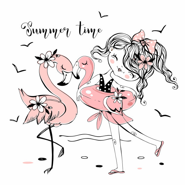 可爱的女孩穿着泳装和火烈鸟在海滩上。向量图片下载