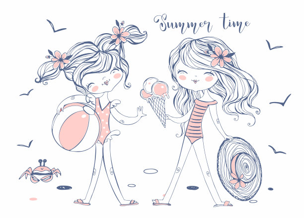 沙滩上穿着泳衣的可爱女友。夏天的时间。向量素材图片