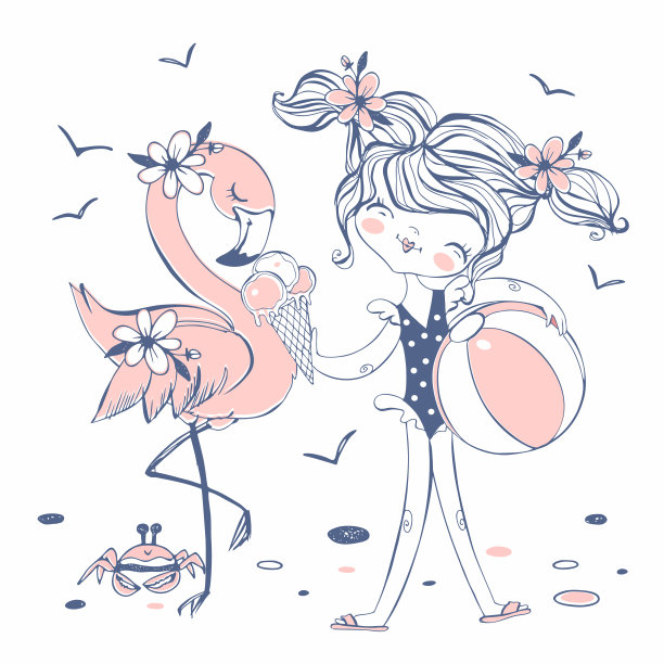 可爱的女孩穿着泳装和火烈鸟在海滩上。向量。图片下载