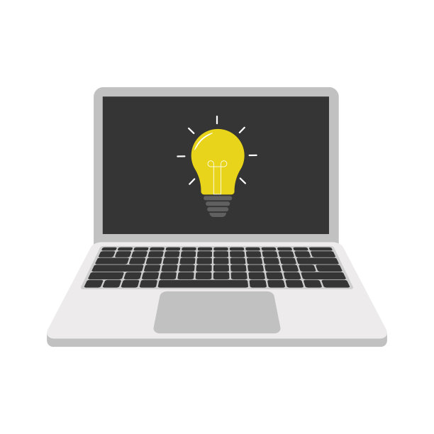 黄色灯泡的笔记本电脑。平面设计。向量。图片下载