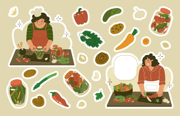 女人做沙拉，女孩准备家庭罐头。喜欢烹饪。以厨房场景为背景食品博客的概念。蔬菜的图标。贴纸。平面风格在矢量插图。图片下载